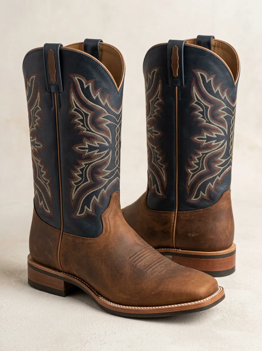 Men's Western Cowboy Embroidered Navy Brown Printed Boots