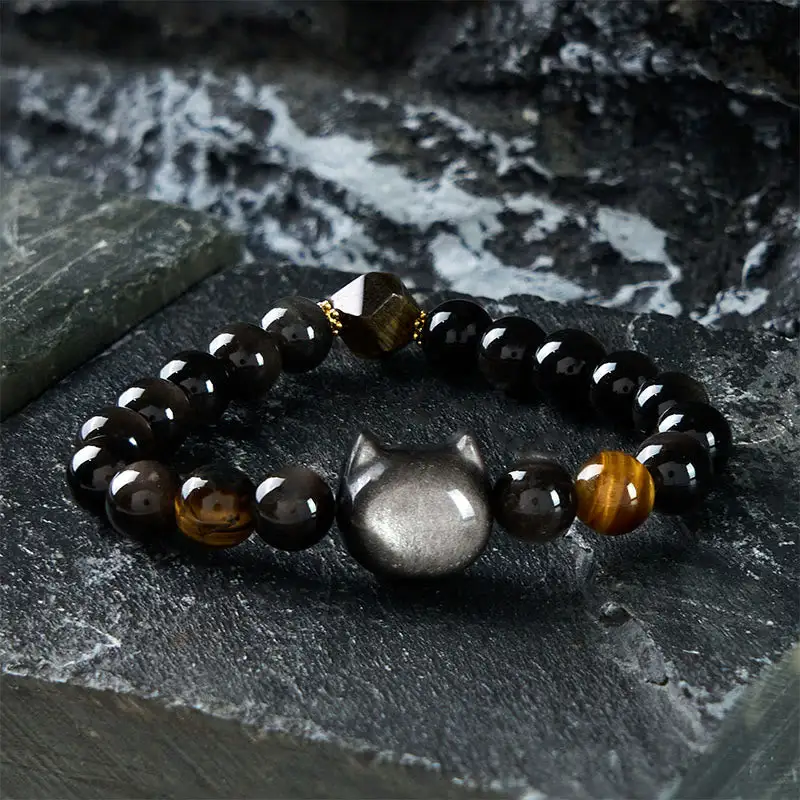 Natural Obsidian Beads Cute Cat Soothing Bracelet
