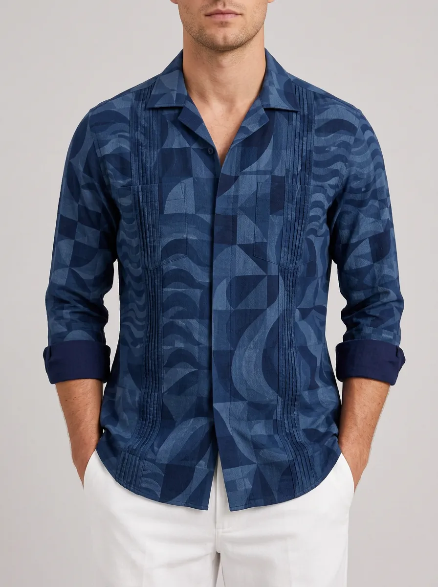 Men's Geometric Print Guayabera Shirt Featuring Camp Collar