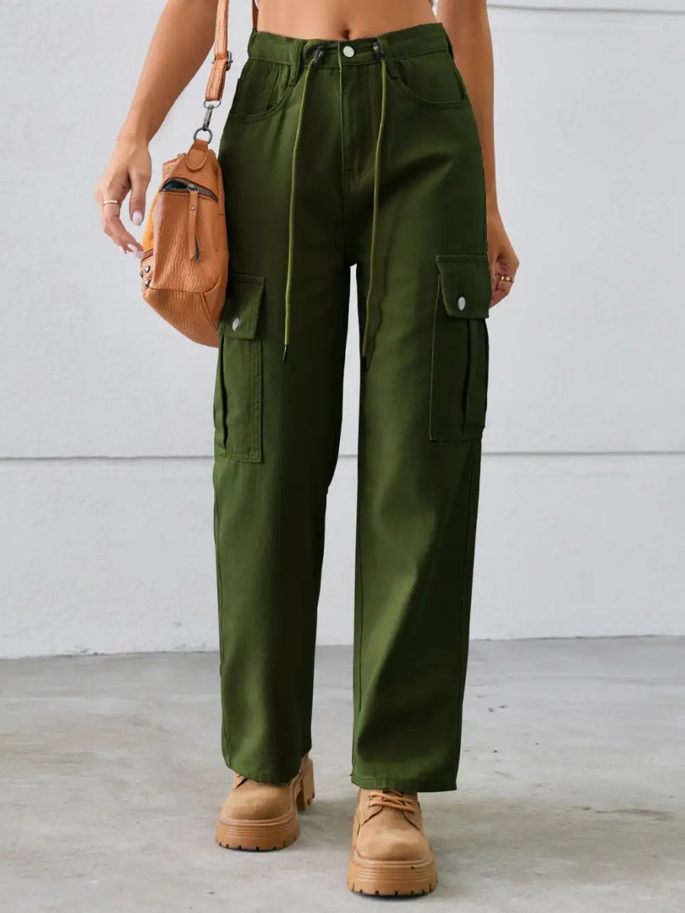 Drawstring Mid Rise Waist Straight Cargo Jeans