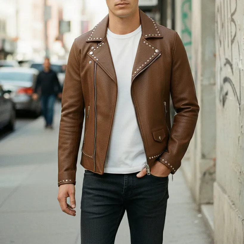 Rugged Leather Biker Motorcycle Studded Jacket
