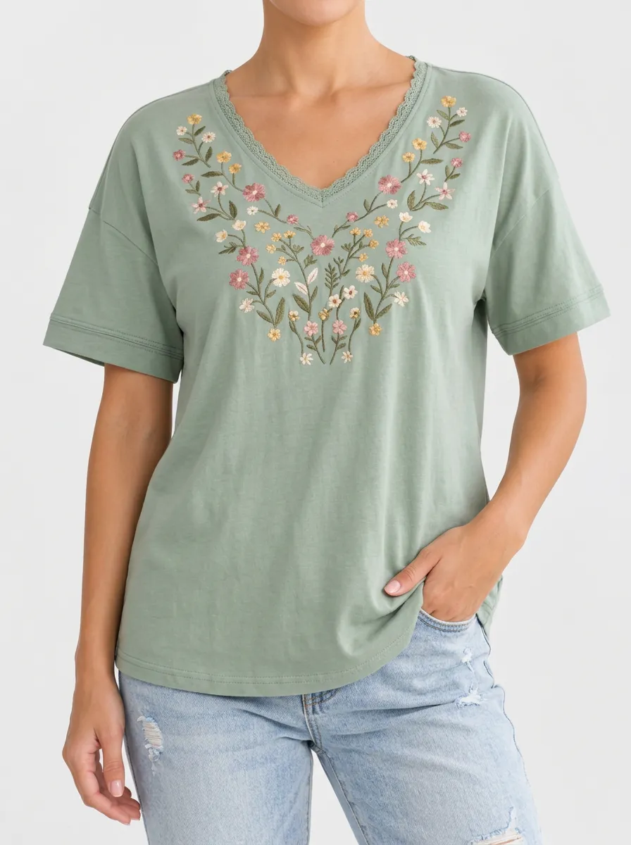 V Neck Floral Print Women's Short Sleeve T Shirt