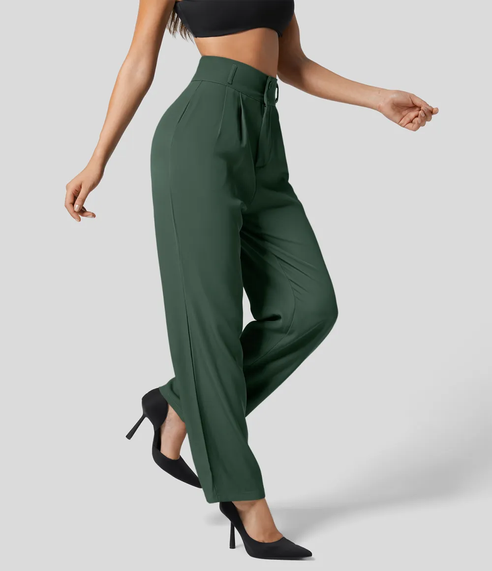 High Waisted Button Zipper Plicated Side Pocket Shirred Straight Leg Work Pants