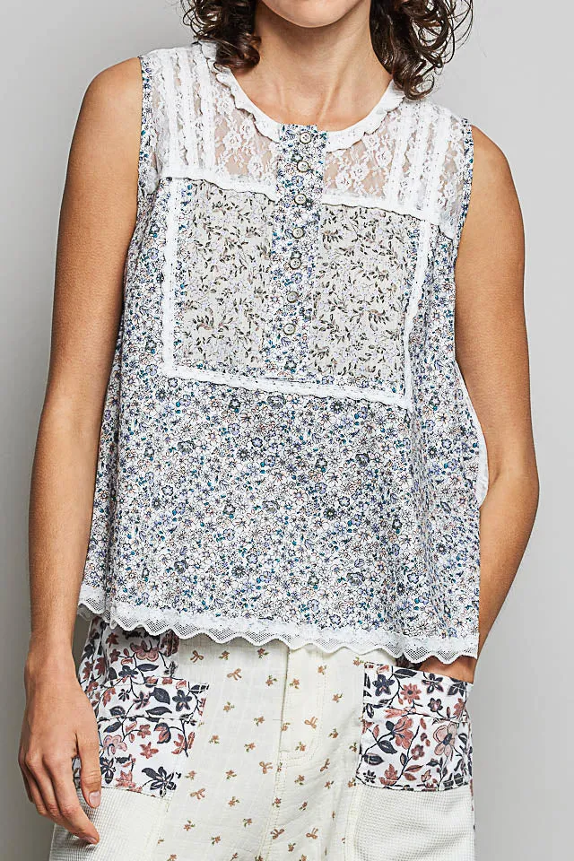 Woven Lace Back Round Neck Sleeveless Top