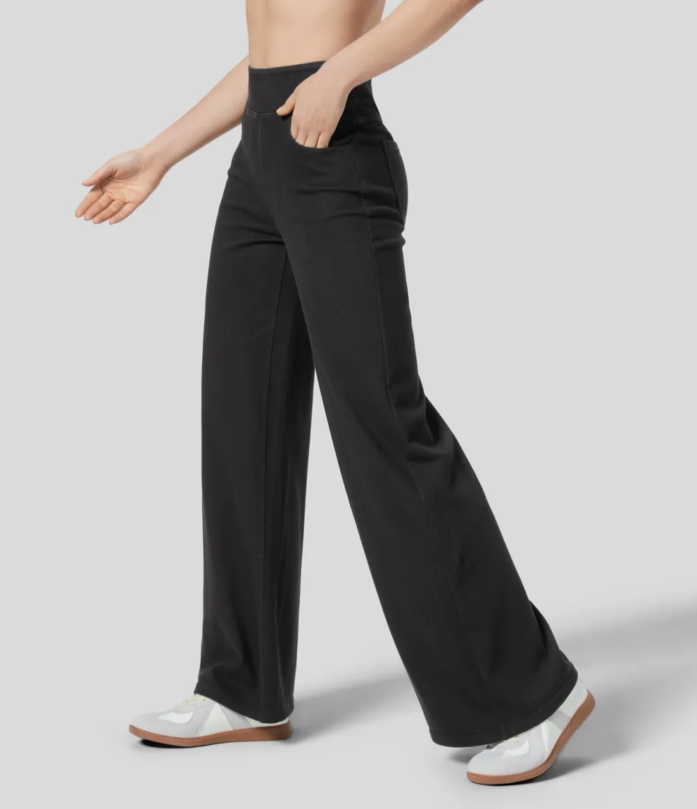 Magic High Waisted Multiple Pockets Wide Leg Stretchy Knit Casual Thermal Jeans