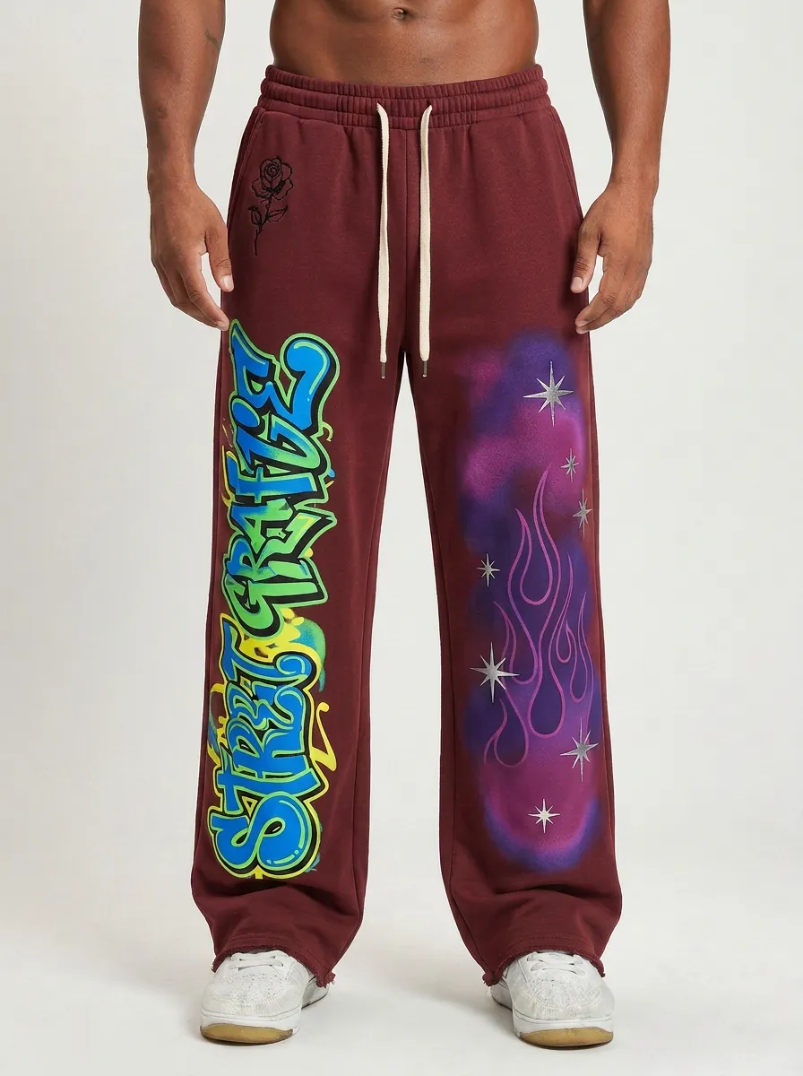 Men's Streetwear Graffiti Flame Star Rose Printed Sweatpants