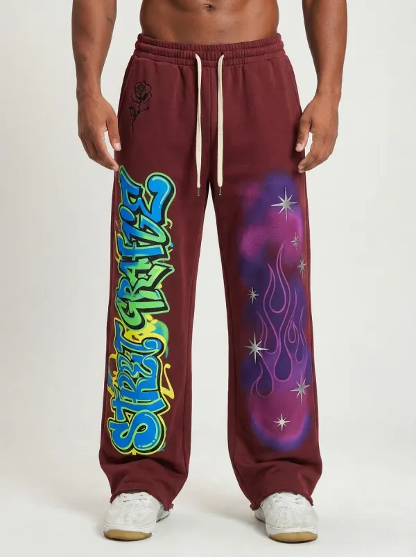 Men's Streetwear Graffiti Flame Star Rose Printed Sweatpants