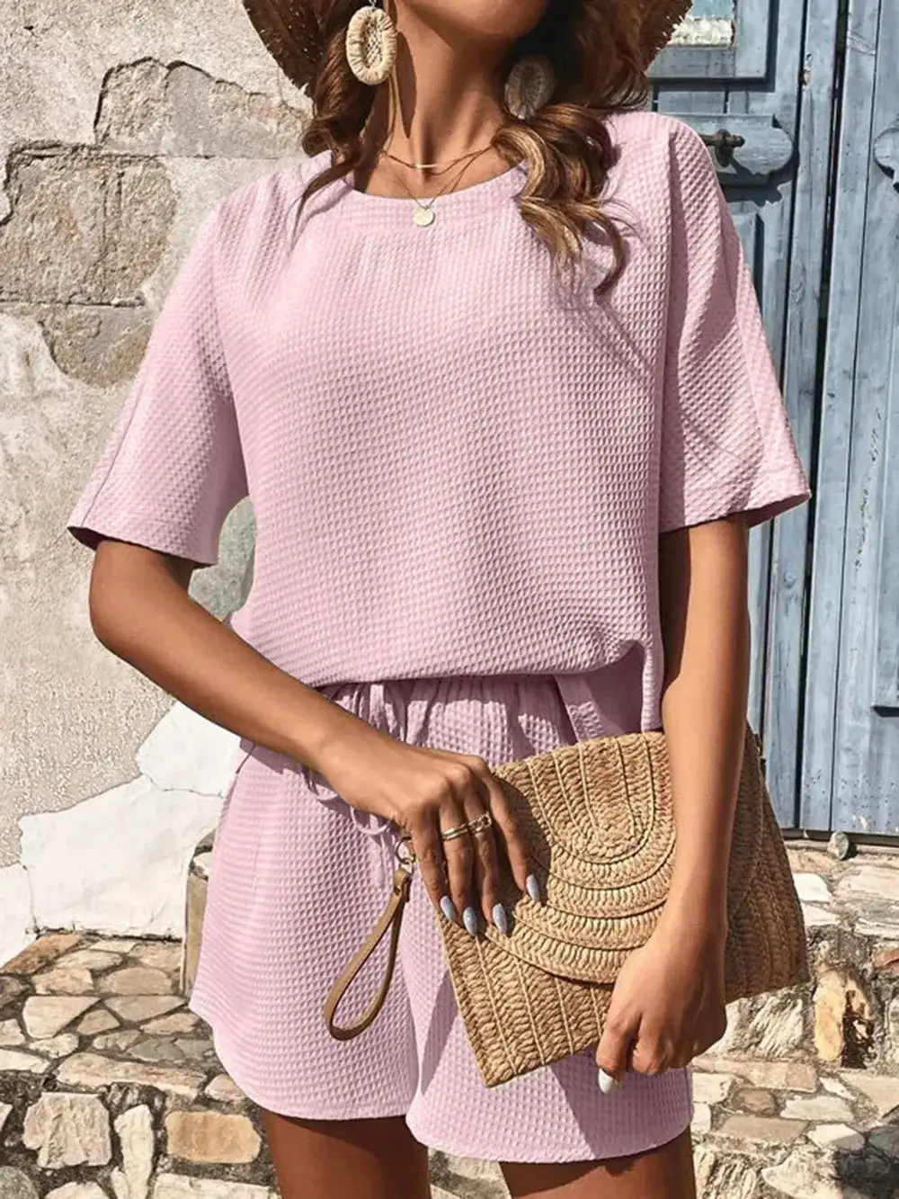 Waffle Knit Half Sleeve Top and Shorts Set
