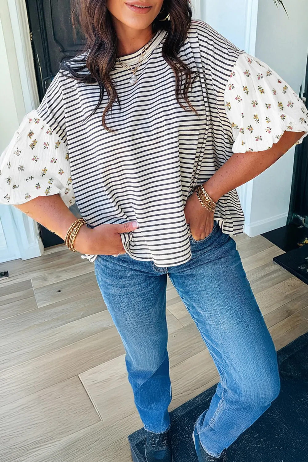 Black Stripe Floral Puff Sleeve Top