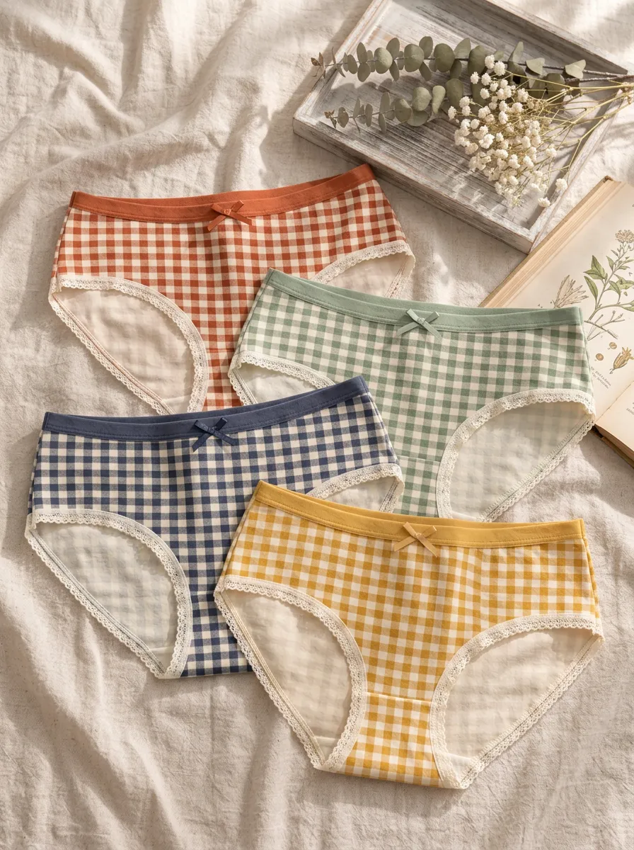 Women's Vintage Gingham Pattern Lace Trim Printed Panties 4-Pack