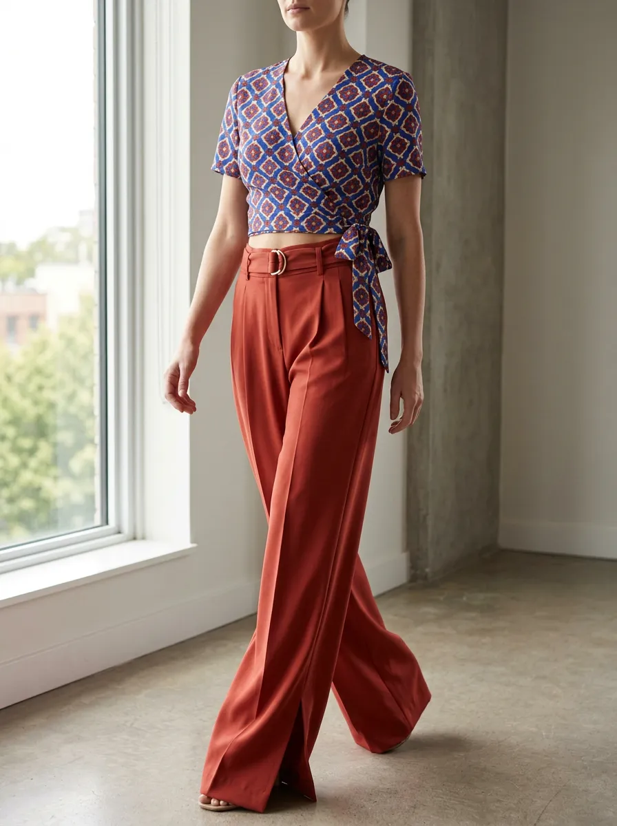 Women's Minimal Geometric Pattern Wrap Patterned Crop Wide Leg Pants Set