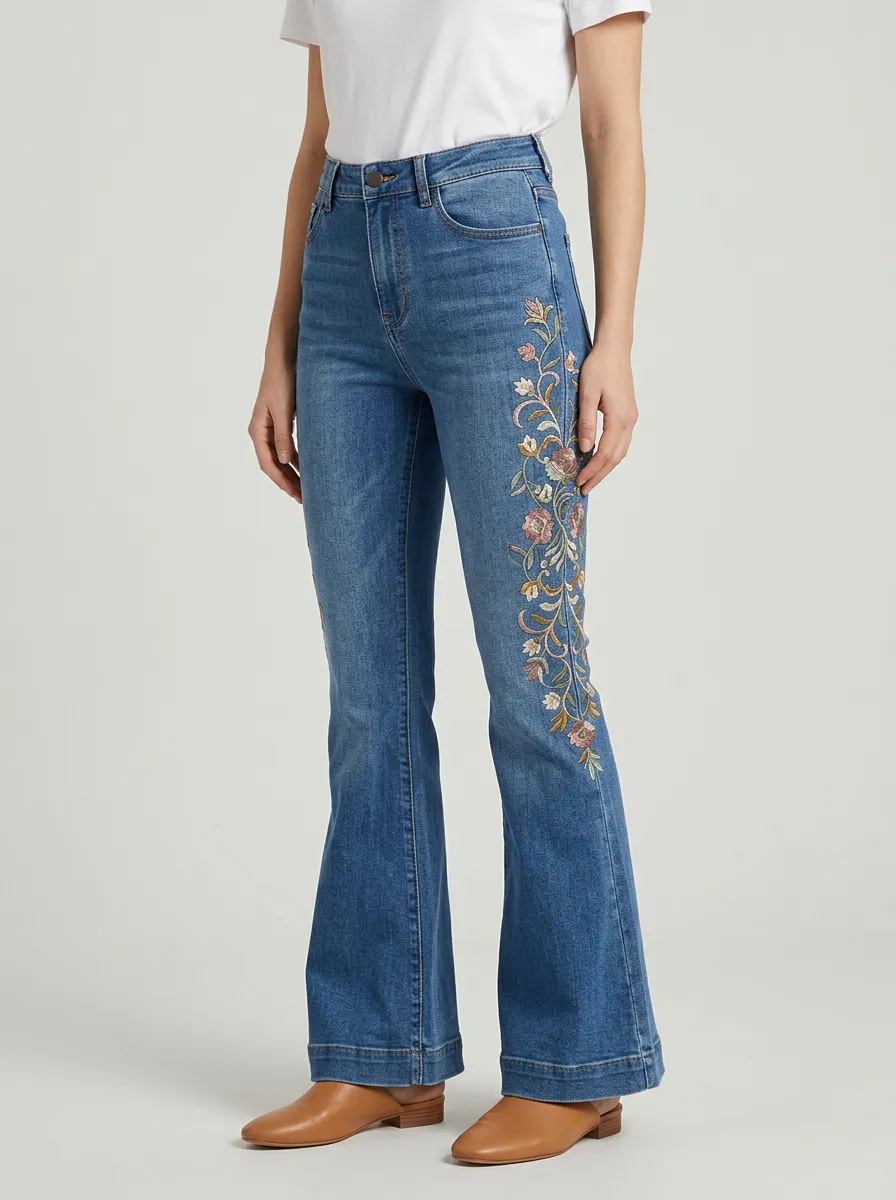 Women's Medium Wash Floral Embroidery High-Rise Five-Pocket Flare Jeans
