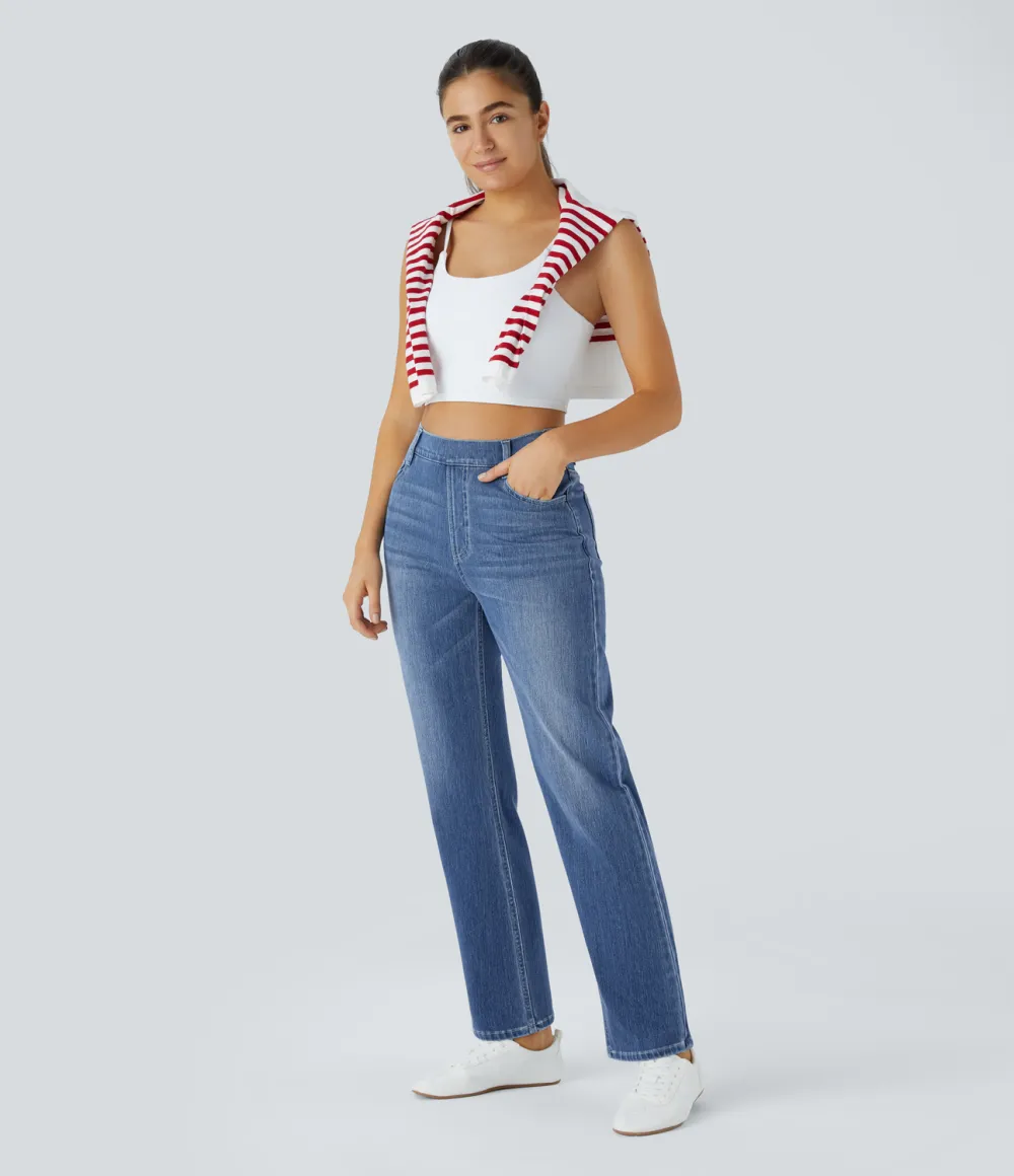 Magic High Waisted Multiple Pockets Straight Leg Washed Stretchy Knit Casual Jeans