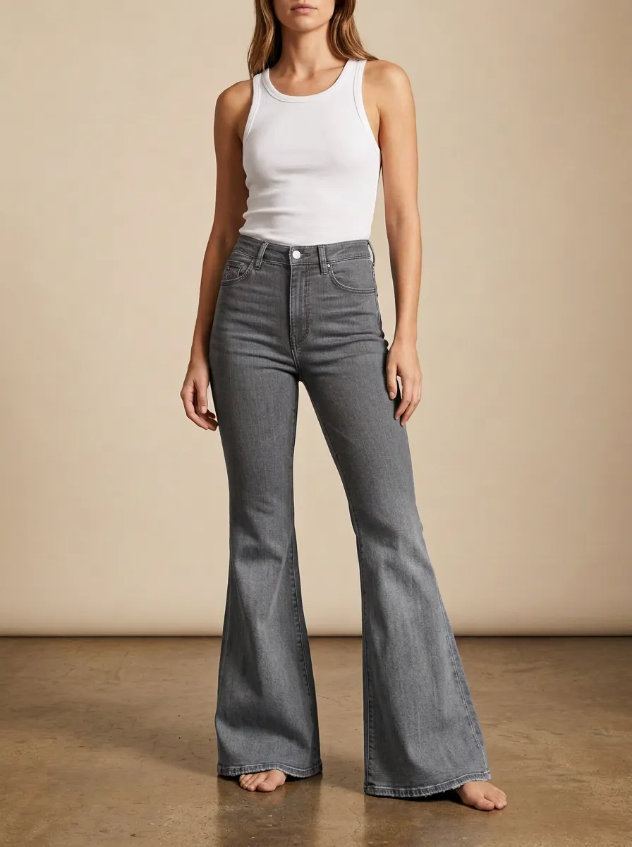 Printed Detail Contrast Stitch Ombre Finish Faded Finish Flare Jeans