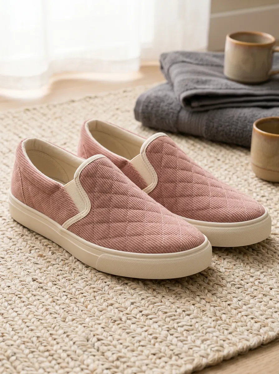 Women's Pink Quilted Corduroy Slip-on Casual Shoes