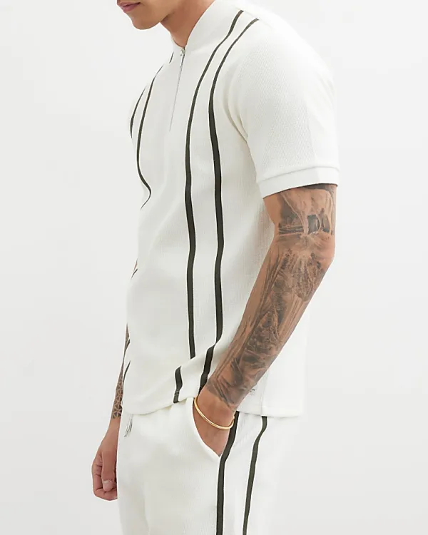 Men's White Slim Fit Striped Zip-Neck Polo Shirt