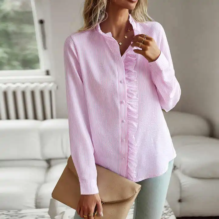 Ruffle Trim Textured Blouse Long Sleeve Button Top