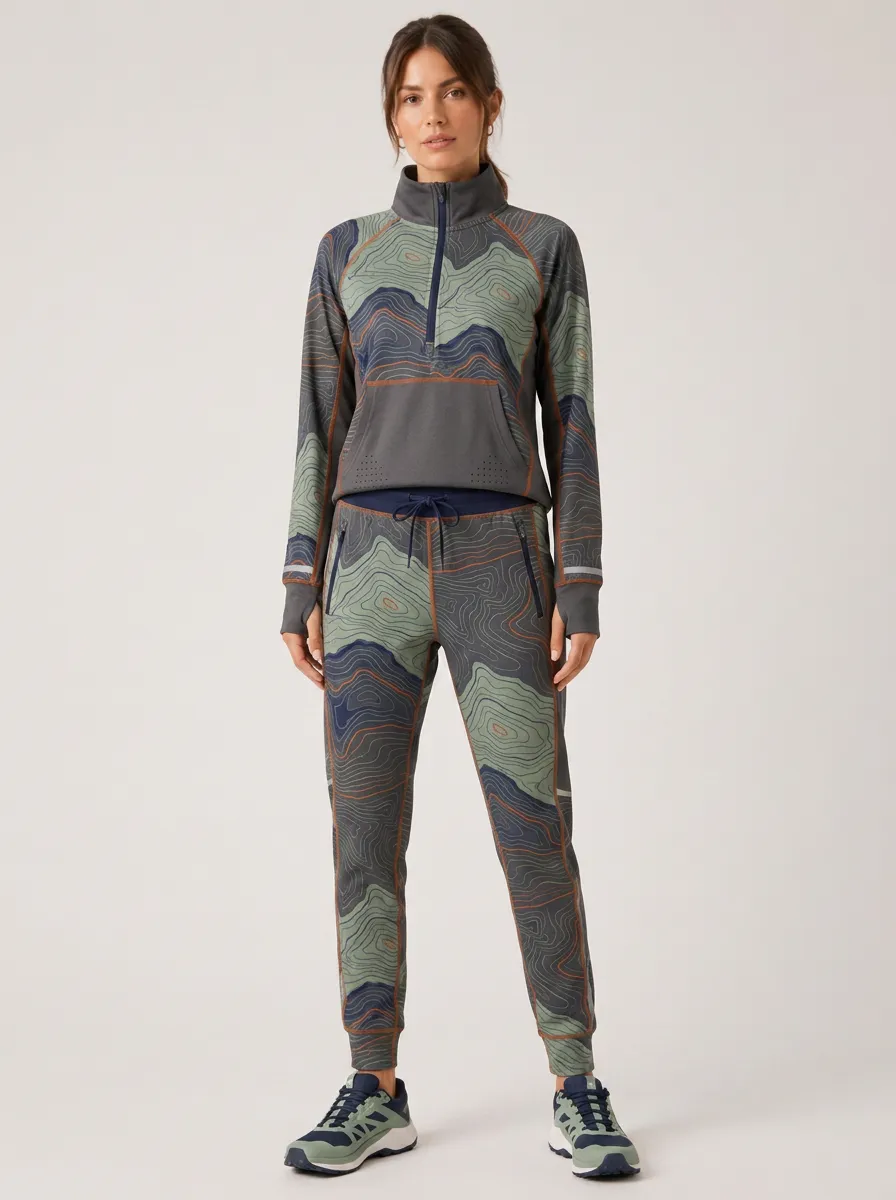 Women's Multi-Color Topographic Print Quarter-Zip Pullover and Jogger Set