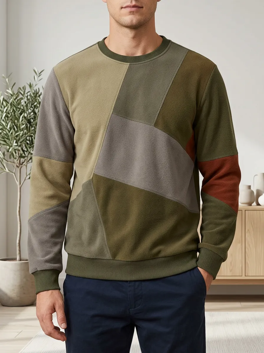 Men's Earth Tone Patchwork Colorblock Fleece Sweatshirt