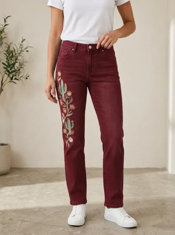 Women's Cactus Floral Embroidery Printed Straight Leg Jeans