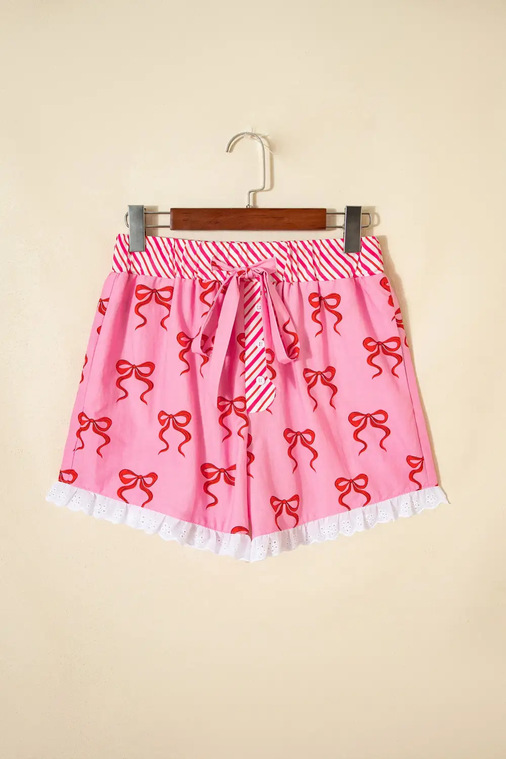 Lace Detail Striped Elastic Waist Relaxed Fit Casual Shorts