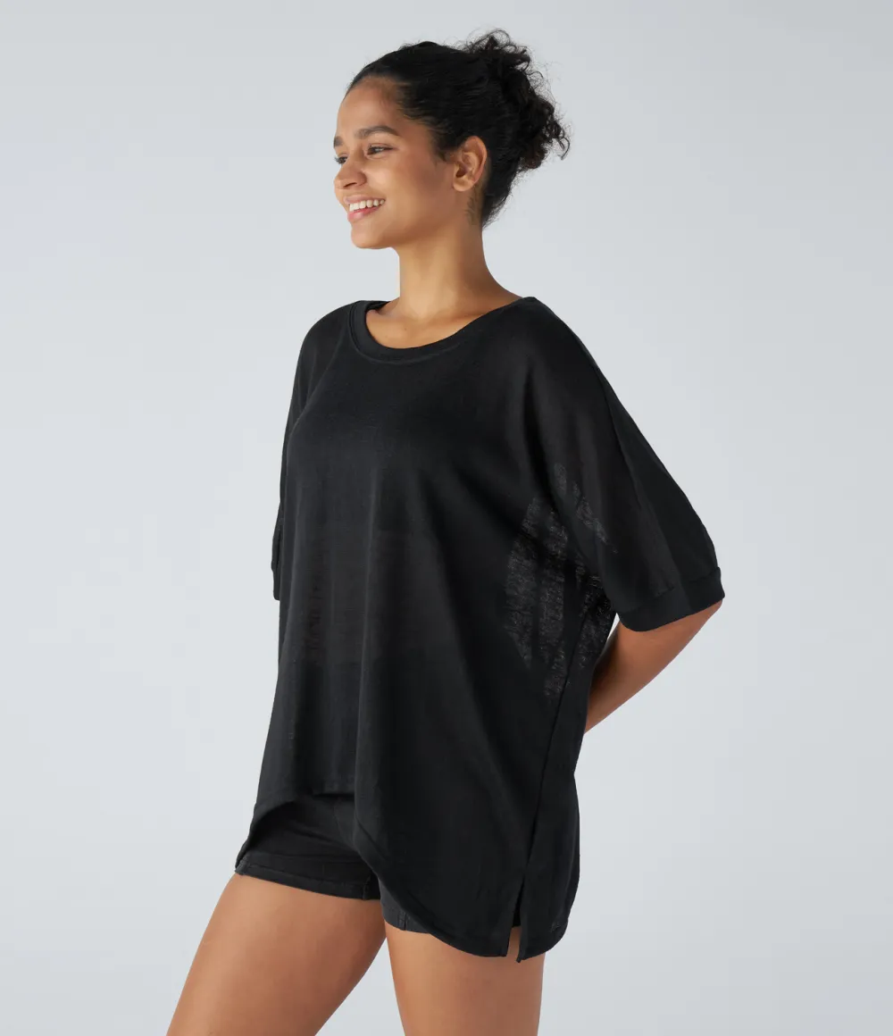 Asymmetric Split Hem Sheer Oversize Casual Top