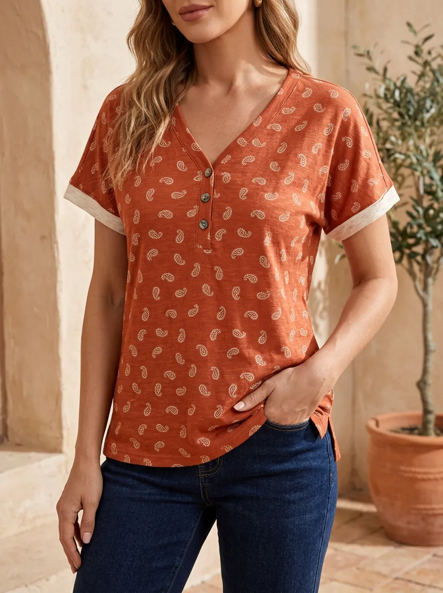 Women's Boho Casual Paisley Printed Henley Shirt