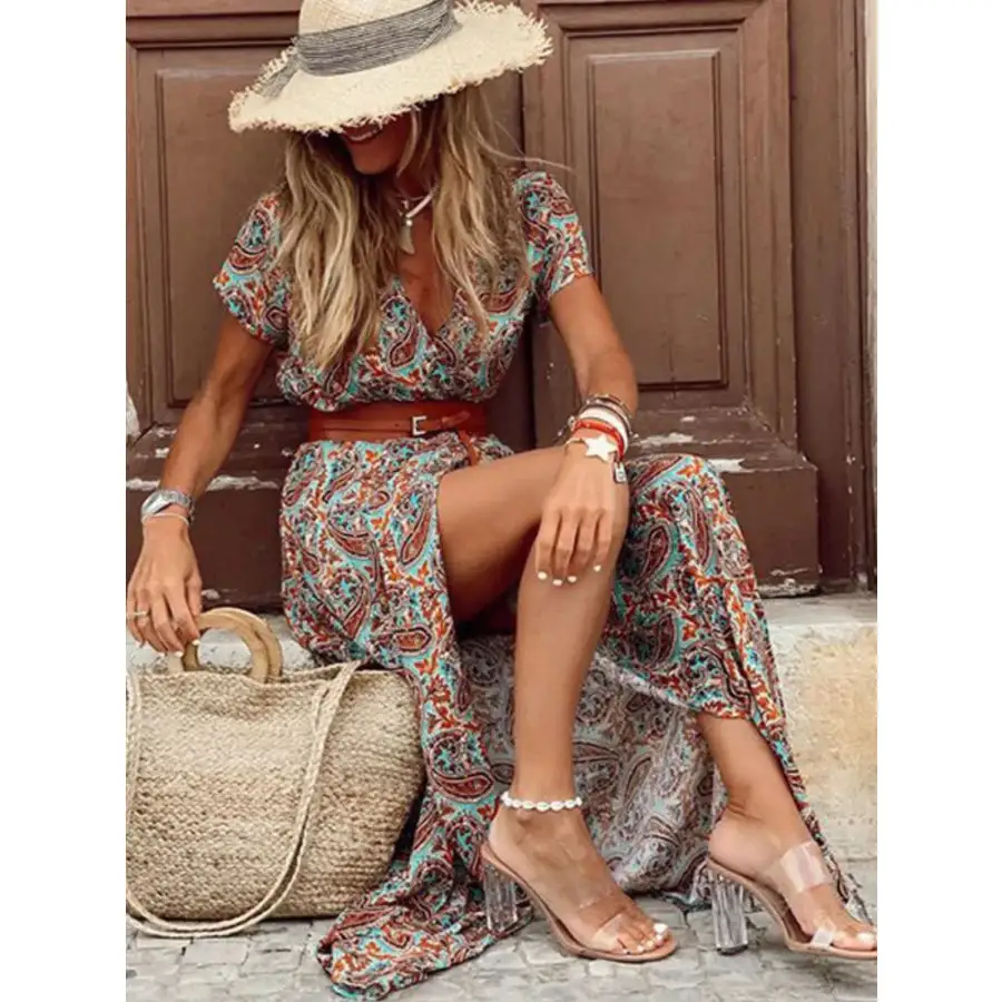 Full Size Printed V Neck Short Sleeve Maxi Dress Plus Size