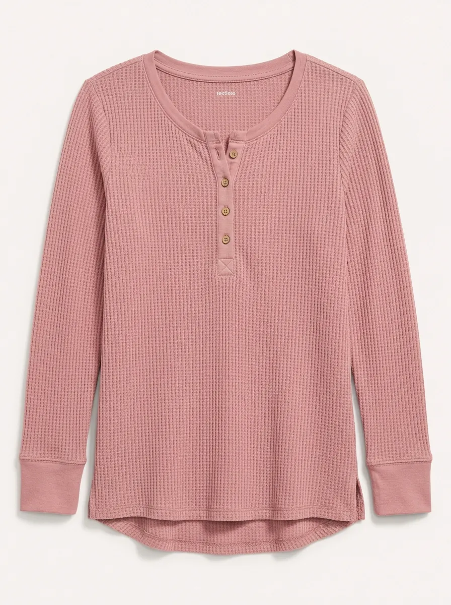 Women's Pink Waffle Knit Button Down Long Sleeve Henley Shirt
