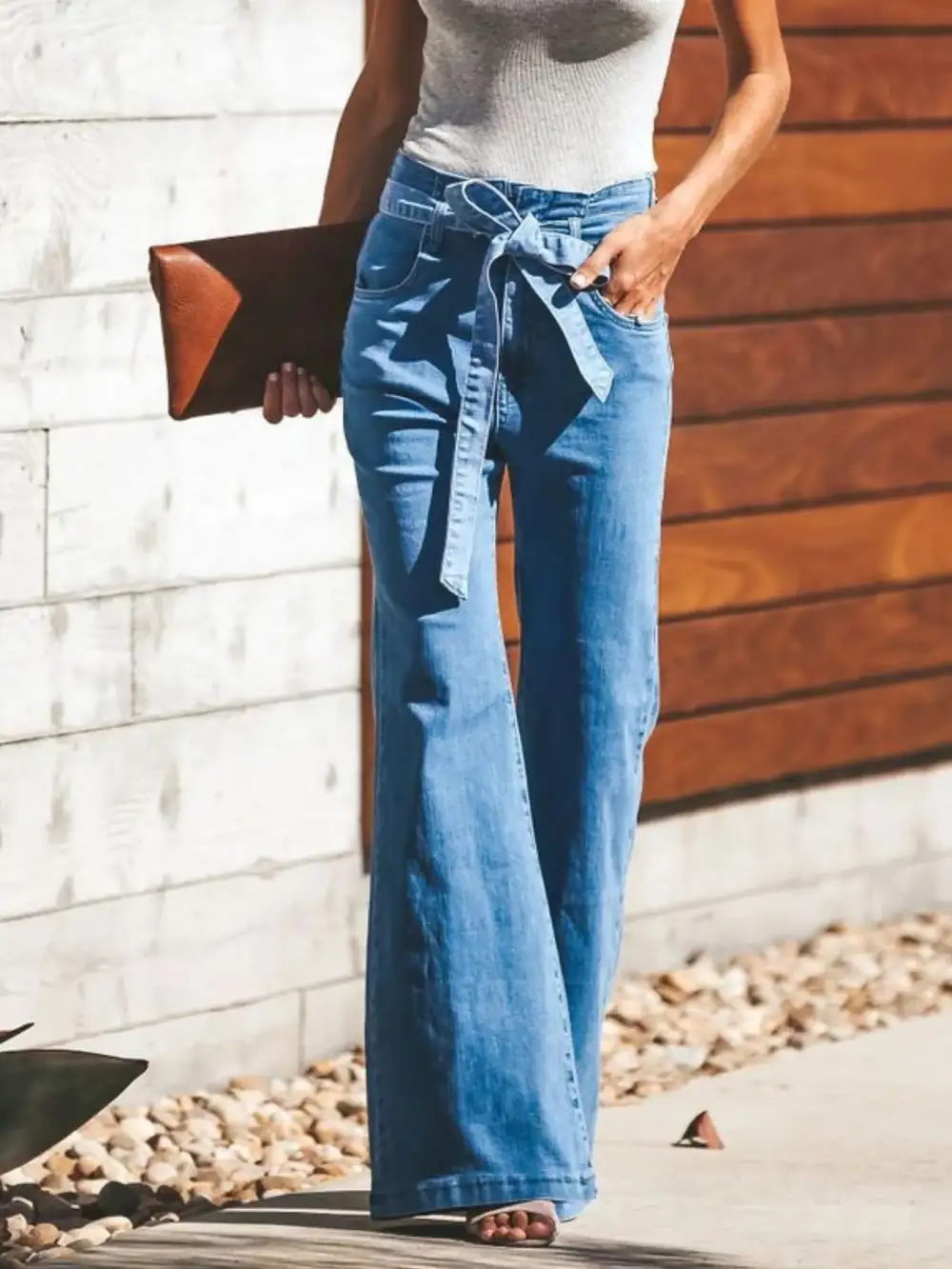 High Waisted Tie Front Flared Denim Jeans