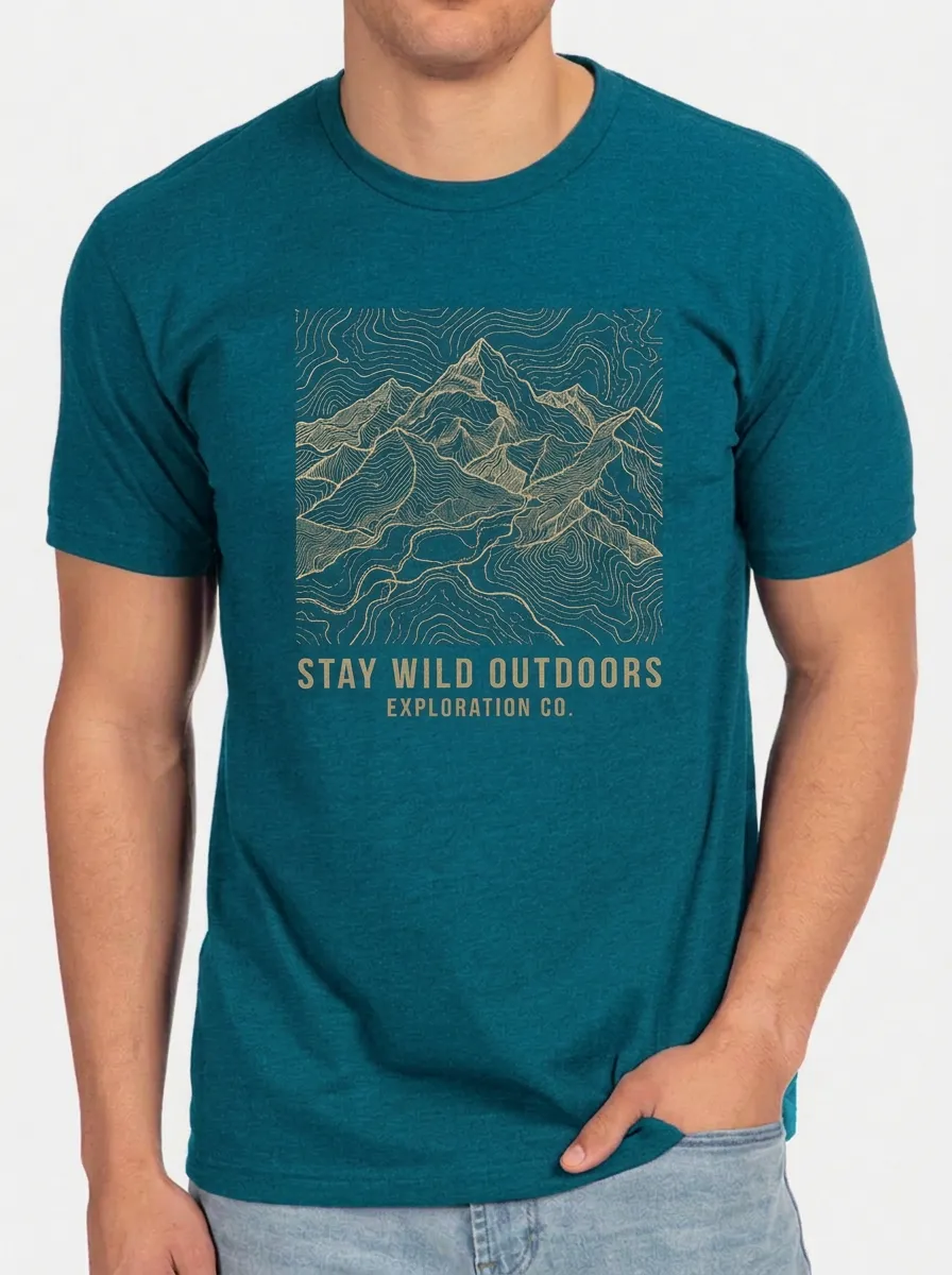 Men's Crewneck Alpine Explorer Outdoor Adventure Mountain Topographic Graphic T-Shirt