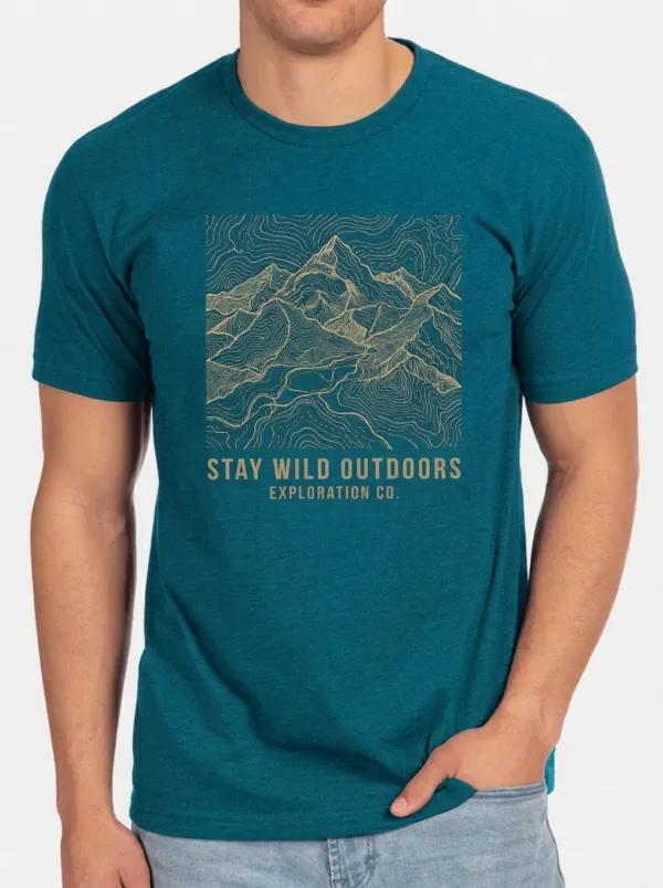 Men's Crewneck Alpine Explorer Outdoor Adventure Mountain Topographic Graphic T-Shirt