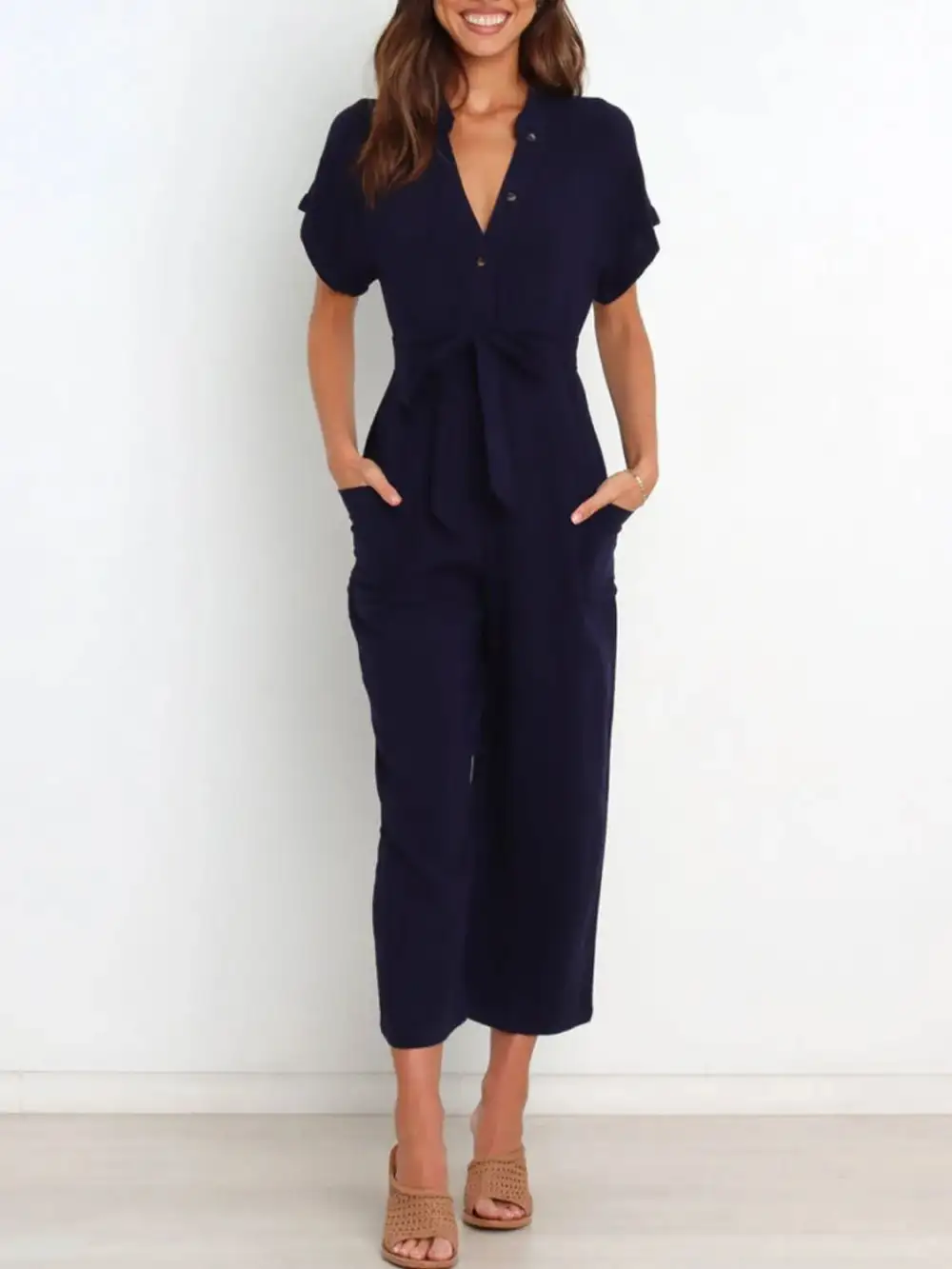 Notched Short Sleeve Tie Waist Jumpsuit Shorts