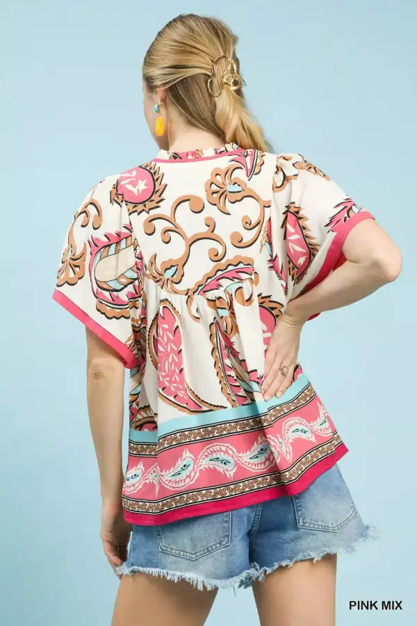 Mix Paisley Border Print Tassel Top