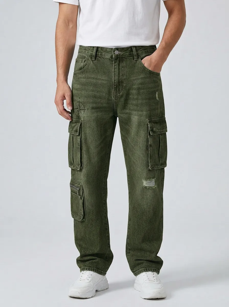 Men's Adventure Compass Printed Distressed Denim Cargo Jeans