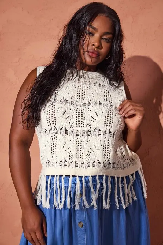 Ivory White Crochet Fringe Vest Top