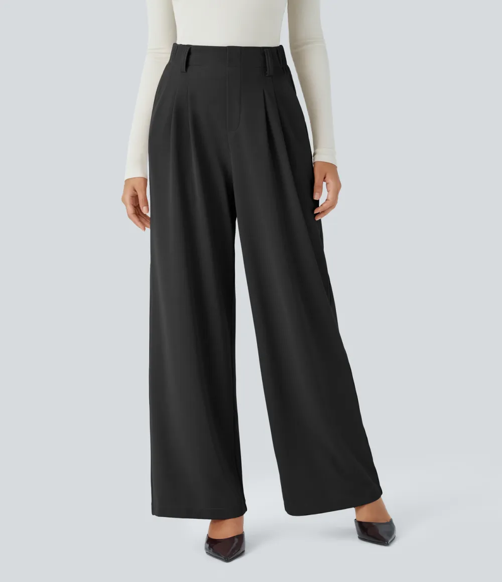  High Waisted Plicated Side Pocket Wide Leg Waffle Work Pants