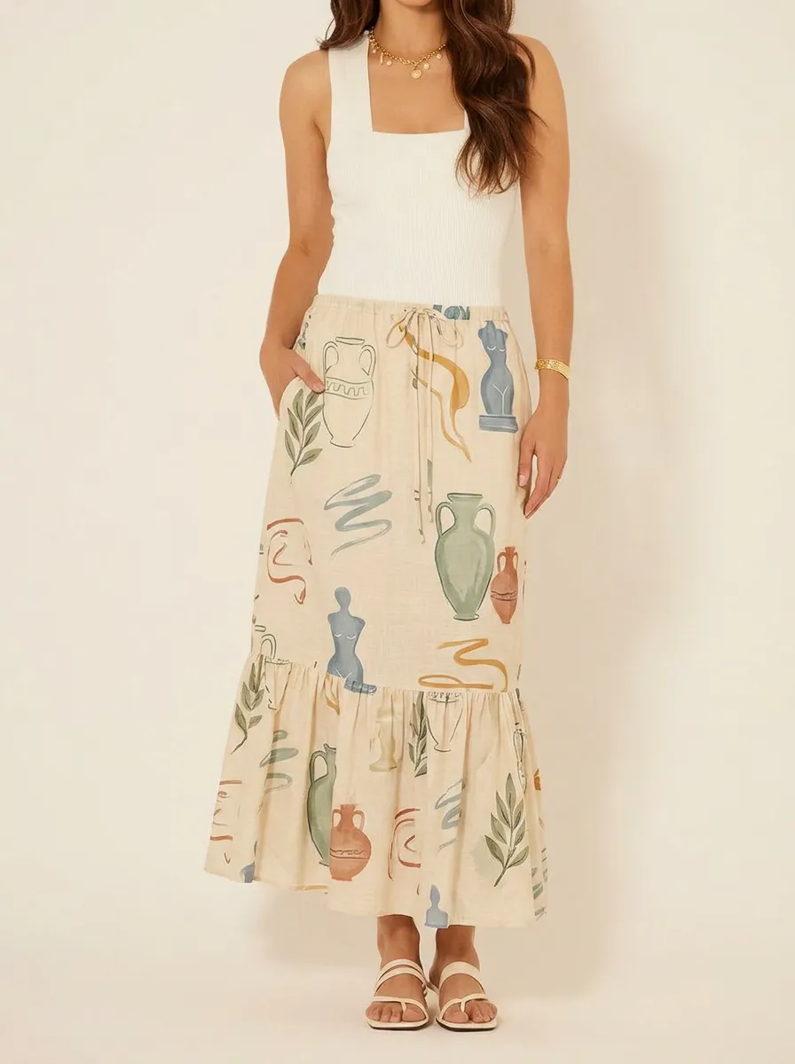 Women's Greek Art Vase Statue Printed Midi Skirt
