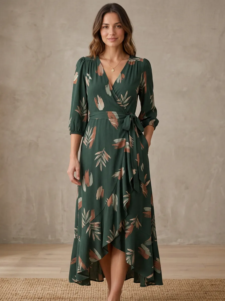 Women's Botanical Leaf Abstract Wrap Dress