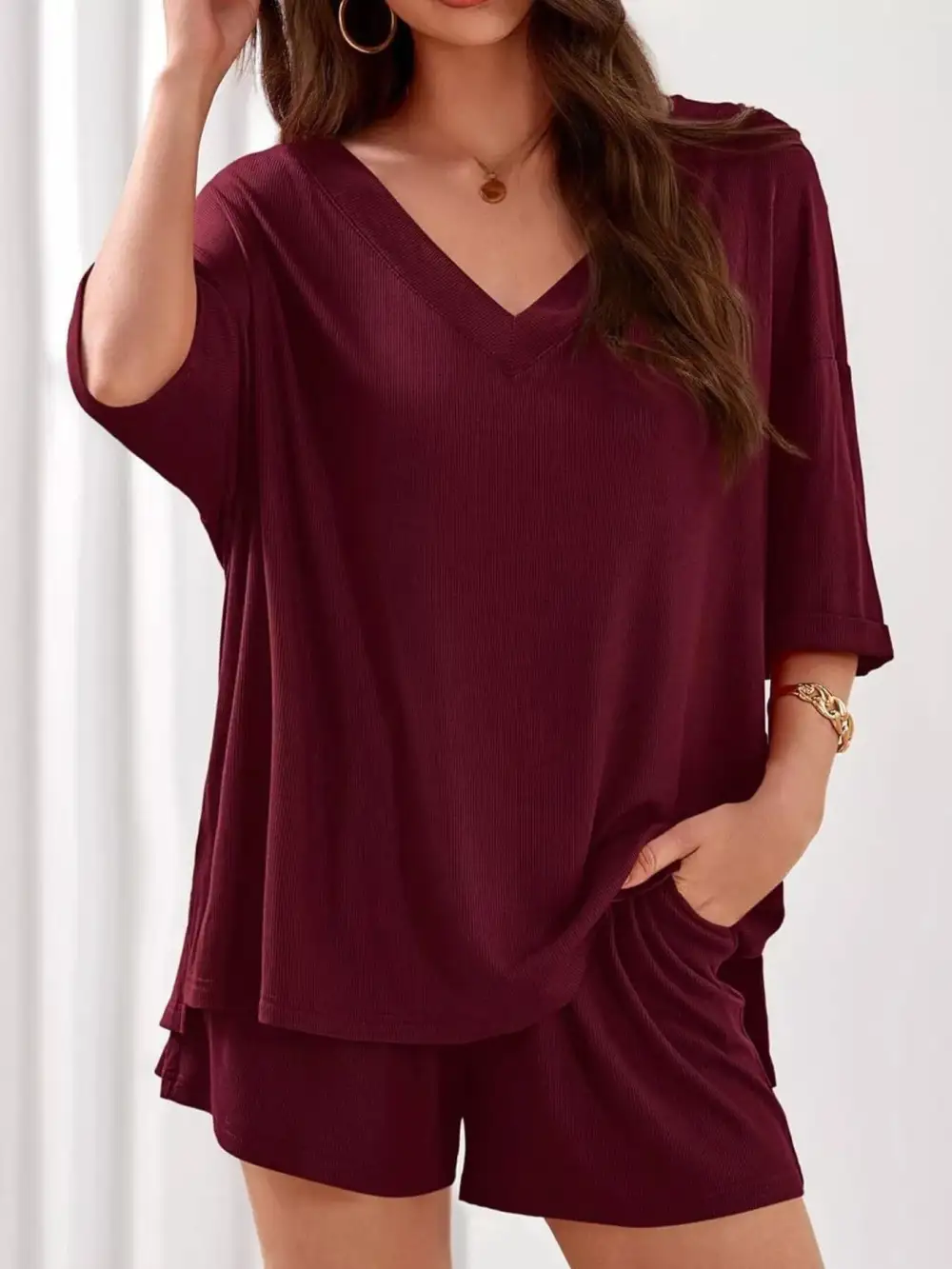 Casual Solid Color V Neck Top and Shorts Set