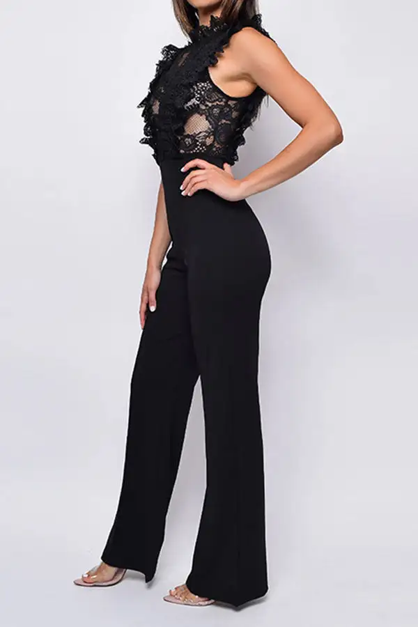 Lace Patchwork Ruffle Sheer Jumpsuit