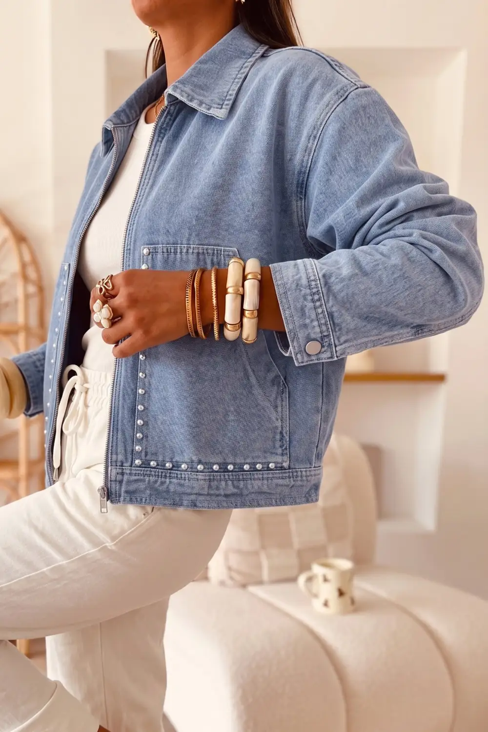 Women's Studded Metal Zipper Rivet Pockets Long Sleeve Denim Jacket