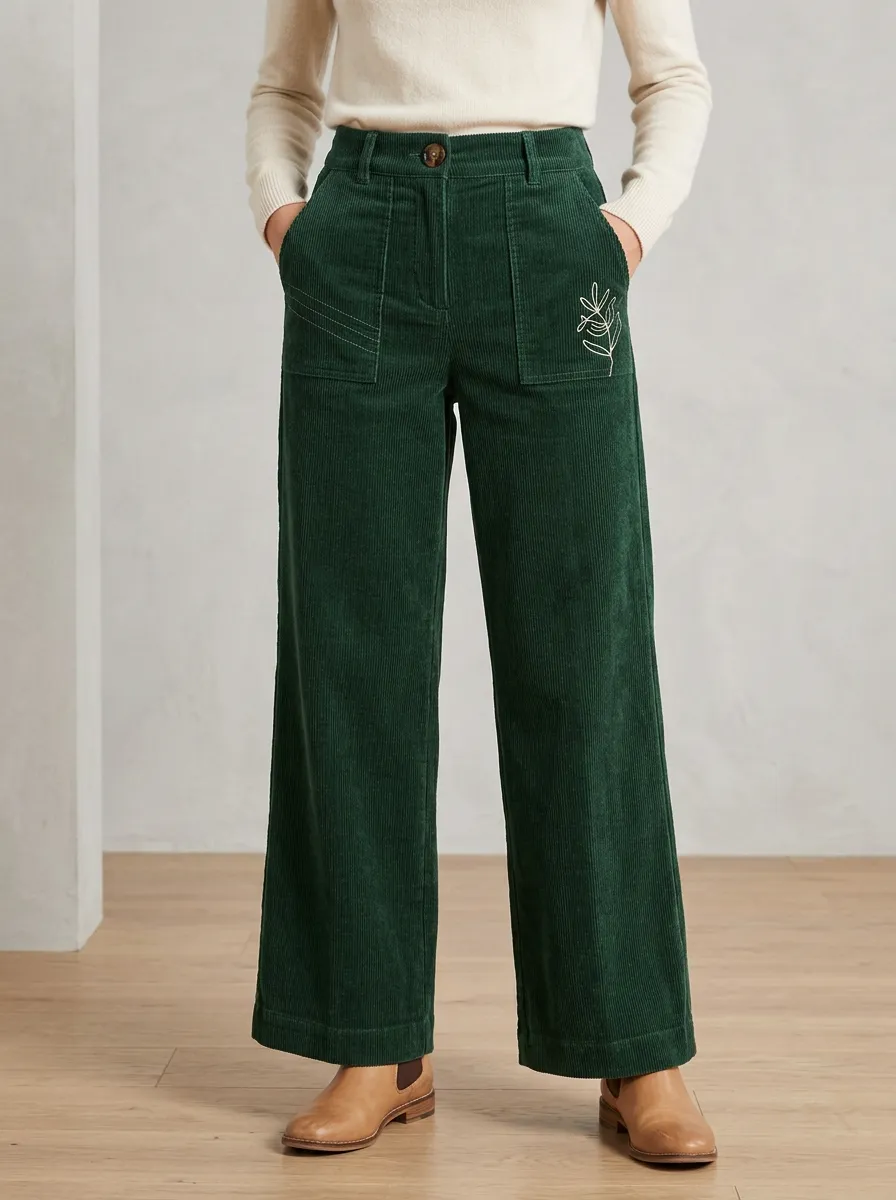 Women's Botanical Lover Floral Line Art Embroidered Corduroy Pants