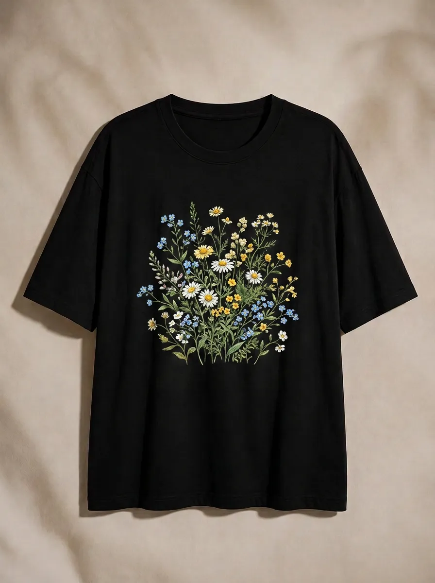 Women's Botanical Nature Lover Wildflower Bouquet Printed T-shirt