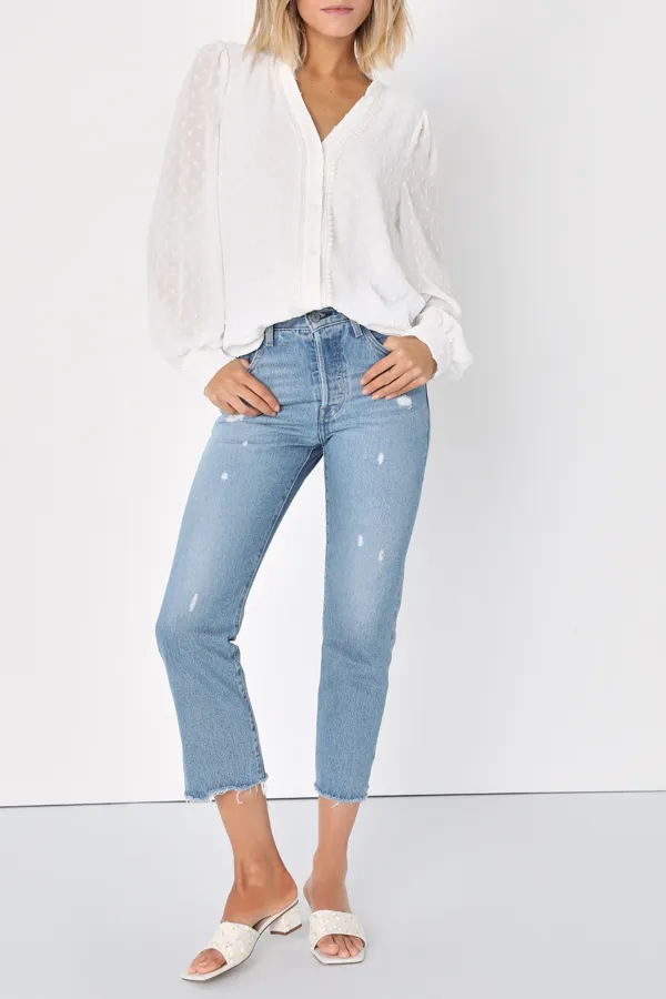 V-neck Button-Up Long Sleeve Top
