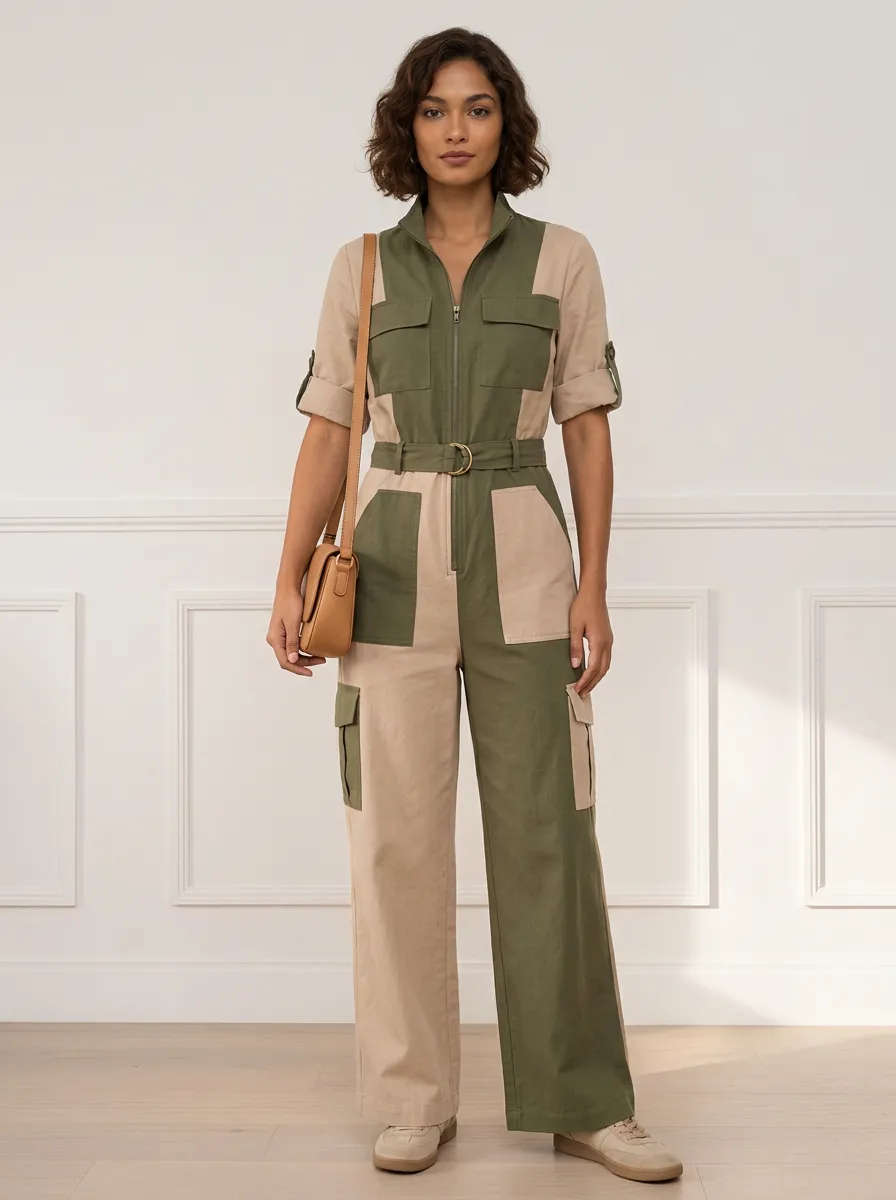 Women's Cove Utility Patchwork Colorblock Belted Jumpsuit