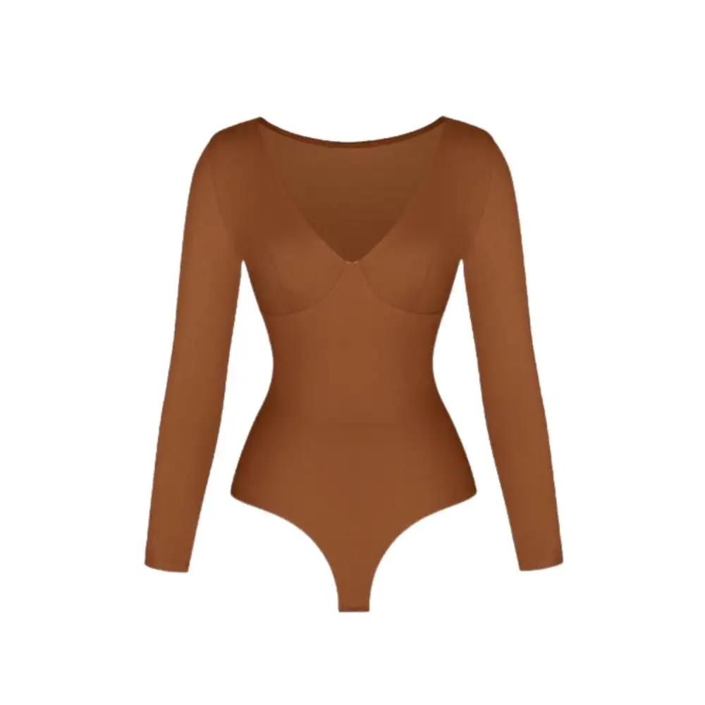 V Neck Long Sleeve Thong Bodysuit