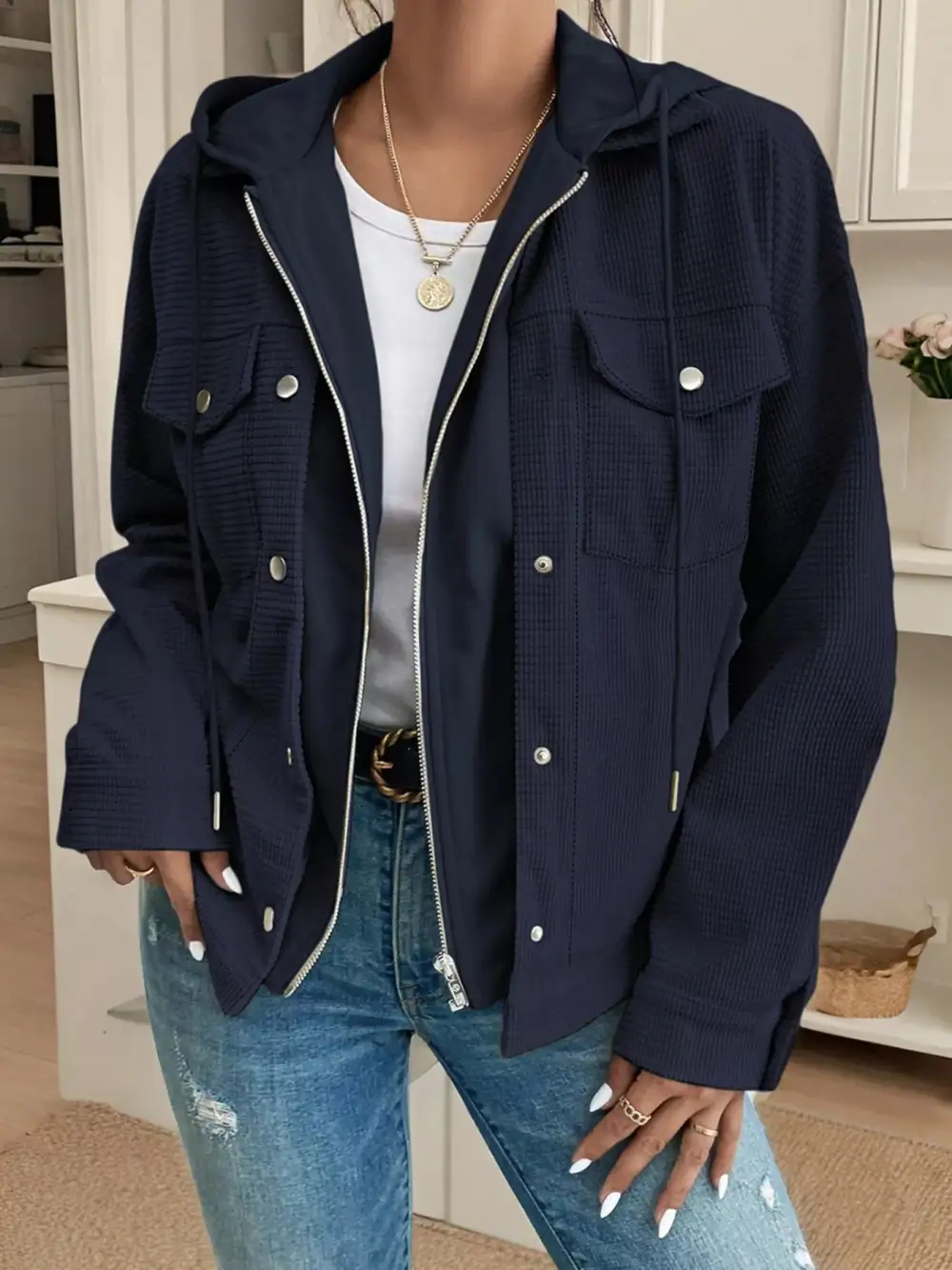 Hooded Waffle Knit Zip-up Jacket