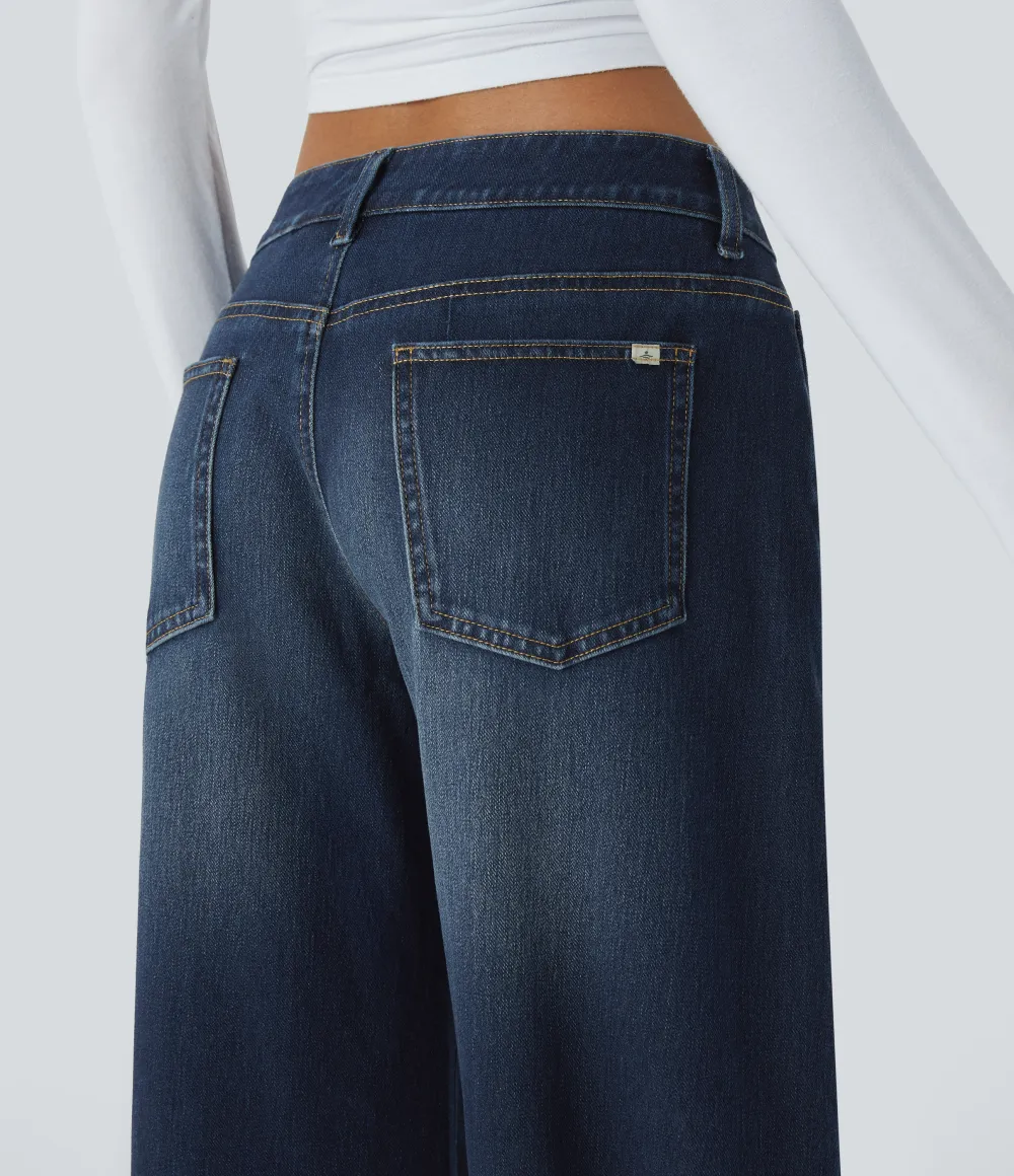 Asymmetric Low Rise Zipper Pockets Baggy Wide Leg Washed Casual Jeans