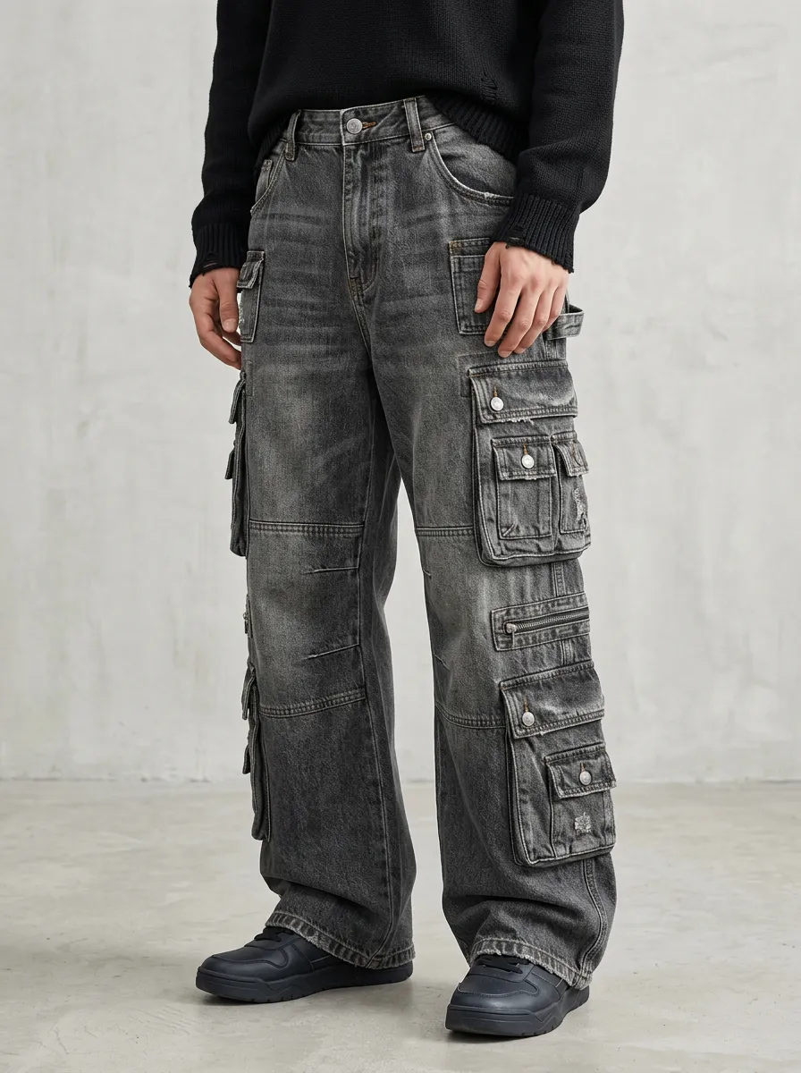 Men's Button Zip Fly Multi-Pocket Cargo Jeans